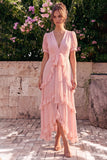 Robe midi fleurie asymétrique à manches bouffantes en A-Line en chiffon rose à volants en V