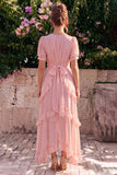 Robe midi fleurie asymétrique à manches bouffantes en A-Line en chiffon rose à volants en V
