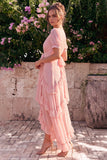 Robe midi fleurie asymétrique à manches bouffantes en A-Line en chiffon rose à volants en V