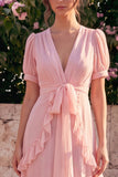 Robe midi fleurie asymétrique à manches bouffantes en A-Line en chiffon rose à volants en V