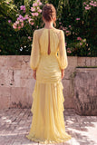 Robe Maxi à manches longues en sirène en chiffon en chiffon de jonquille à col rond à volants et fronçées