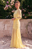 Robe Maxi à manches longues en sirène en chiffon en chiffon de jonquille à col rond à volants et fronçées