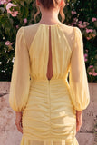 Robe Maxi à manches longues en sirène en chiffon en chiffon de jonquille à col rond à volants et fronçées