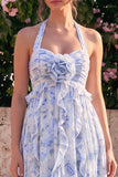Robe midi en chiffon bleu à col nu avec volants