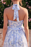Robe midi en chiffon bleu à col nu avec volants