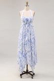 Robe midi en chiffon bleu à col nu avec volants