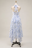 Robe midi en chiffon bleu à col nu avec volants