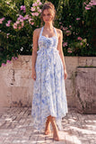 Robe midi en chiffon bleu à col nu avec volants