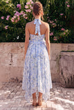 Robe midi en chiffon bleu à col nu avec volants