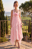 Robe midi en chiffon bleu à col nu avec volants