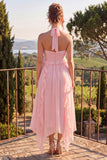 Robe midi en chiffon bleu à col nu avec volants