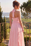 Robe midi en chiffon bleu à col nu avec volants
