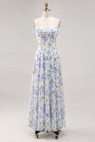 Robe Maxi dos sans dos à longues bretelles en chiffon bleu en mousseline A-Line avec volants