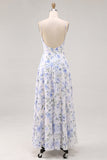 Robe Maxi dos sans dos à longues bretelles en chiffon bleu en mousseline A-Line avec volants