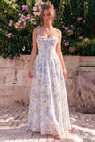 Robe Maxi dos sans dos à longues bretelles en chiffon bleu en mousseline A-Line avec volants
