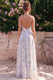 Robe Maxi dos sans dos à longues bretelles en chiffon bleu en mousseline A-Line avec volants