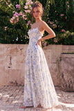 Robe Maxi dos sans dos à longues bretelles en chiffon bleu en mousseline A-Line avec volants