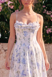 Robe Maxi dos sans dos à longues bretelles en chiffon bleu en mousseline A-Line avec volants