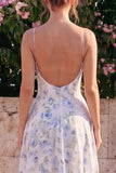 Robe Maxi dos sans dos à longues bretelles en chiffon bleu en mousseline A-Line avec volants