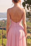 Robe Maxi dos sans dos à longues bretelles en chiffon bleu en mousseline A-Line avec volants