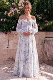 Robe Maxi en chiffon en chiffon bleu à épaules dénudées, manches longues
