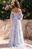 Robe Maxi en chiffon en chiffon bleu à épaules dénudées, manches longues