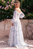 Robe Maxi en chiffon en chiffon bleu à épaules dénudées, manches longues