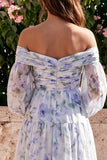 Robe Maxi en chiffon en chiffon bleu à épaules dénudées, manches longues