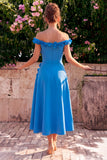 Robe midi bleue dénudée avec des fleurs 3D