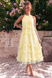 Robe midi midi ligne A à col haut bleu clair avec fleurs 3D