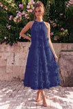 Robe midi midi ligne A à col haut bleu clair avec fleurs 3D