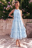 Robe midi midi ligne A à col haut bleu clair avec fleurs 3D