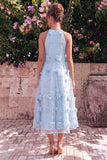 Robe midi ligne A à col haut bleu clair avec fleurs 3D