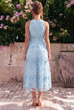 Robe midi midi ligne A à col haut bleu clair avec fleurs 3D