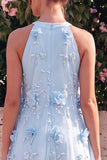 Robe midi ligne A à col haut bleu clair avec fleurs 3D