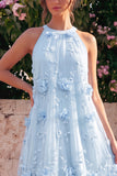 Robe midi midi ligne A à col haut bleu clair avec fleurs 3D