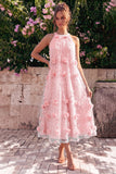 Robe midi midi ligne A à col haut bleu clair avec fleurs 3D