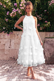 Robe midi midi ligne A à col haut bleu clair avec fleurs 3D
