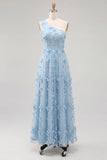 Robe maskini ligne A bleu clair à une épaule avec des fleurs 3D
