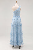 Robe maskini ligne A bleu clair à une épaule avec des fleurs 3D