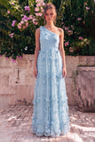 Robe maskini ligne A bleu clair à une épaule avec des fleurs 3D