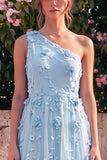 Robe maskini ligne A bleu clair à une épaule avec des fleurs 3D