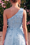 Robe maskini ligne A bleu clair à une épaule avec des fleurs 3D