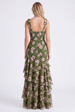 Fausse d’honneur en mousseline verte en chiffon à étages à brides épaisses et longues robe de demoiselle d’honneur