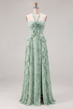 Longue robe de demoiselle d’honneur à cheveux nus en chiffon en mousseline Sage à motifs de fente