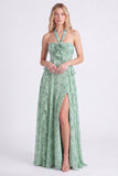 Longue robe de demoiselle d’honneur à cheveux nus en chiffon en mousseline Sage à motifs de fente
