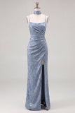 Robe de demoiselle d’honneur Jacquard Maxi bleu poussiéreux avec écharpe à col long
