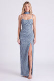 Robe de demoiselle d’honneur Jacquard Maxi bleu poussiéreux avec écharpe à col long