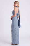 Robe de demoiselle d’honneur Jacquard Maxi bleu poussiéreux avec écharpe à col long
