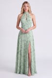 Longue robe de demoiselle d’honneur longue en chiffon fleuri à col A-line Sage avec fente